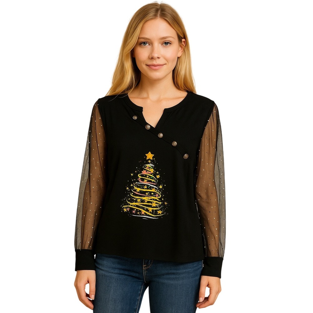 Womens Black Christmas Tree Print Sheer Mesh Sleeve Blouse Top‎ Shirt Size S